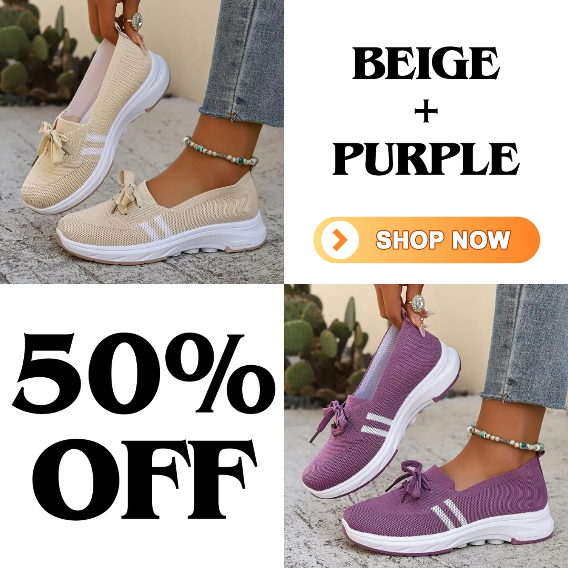 🔥Summer Best Seller🔥Women’s Breathable Knit Slip-On Sneakers with Bow – Lightweight Low-Top Casual Shoes in Beige & White for Everyday Comfort