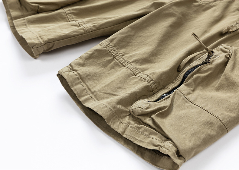 Men's cargo shorts, drawstring and multiple zipper pockets, pure cotton, summer elastic waist, casual and comfortable sports shorts
