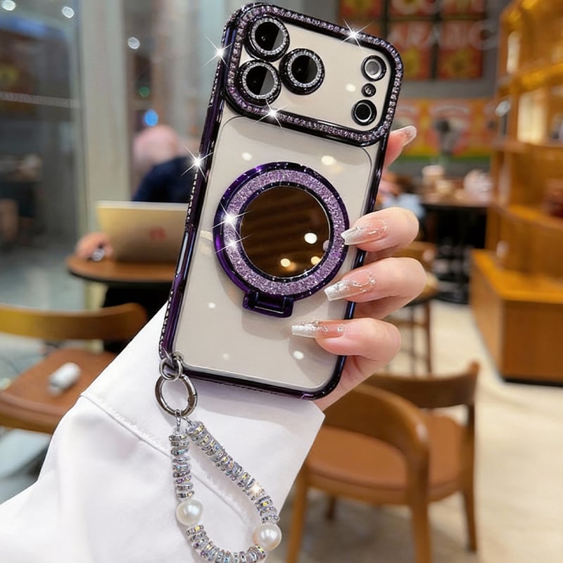 Sparkling Diamond Women's Phone Case with Mirror & Stand for iPhone 12/13/14/15/16/17 Pro Max,17Air,14/15/16 Plus