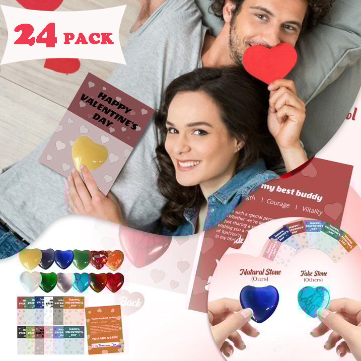 Valentine's Day Gem Gifts for Kids&Adults – 24 Pack Prefilled Cards with Heart-Shaped Gemstones