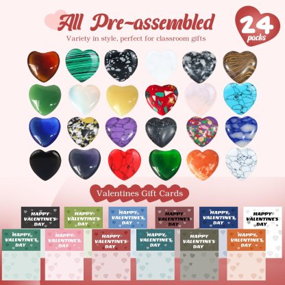 Valentine's Day Gem Gifts for Kids&Adults – 24 Pack Prefilled Cards with Heart-Shaped Gemstones