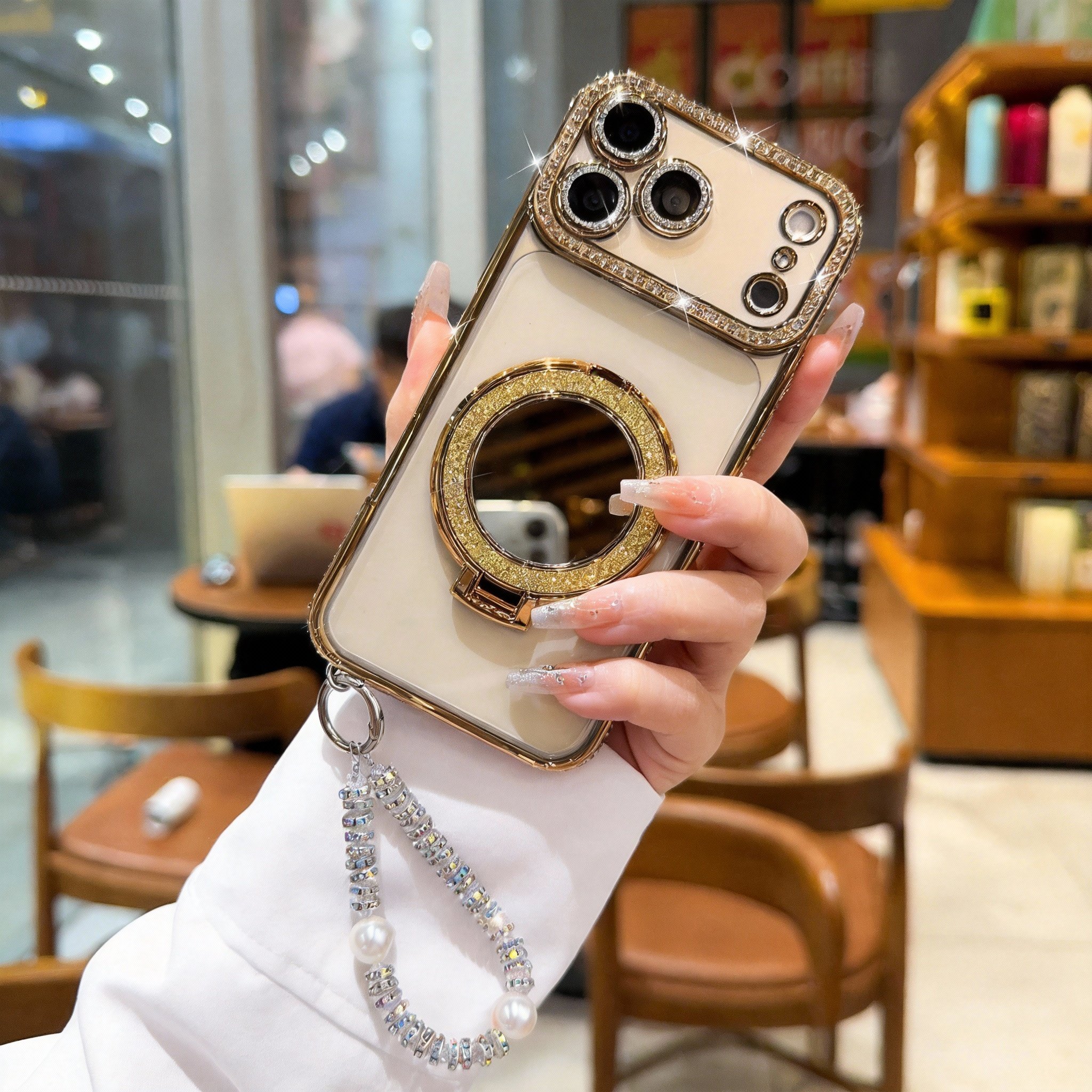 Sparkling Diamond Women's Phone Case with Mirror & Stand for iPhone 12/13/14/15/16/17 Pro Max,17Air,14/15/16 Plus