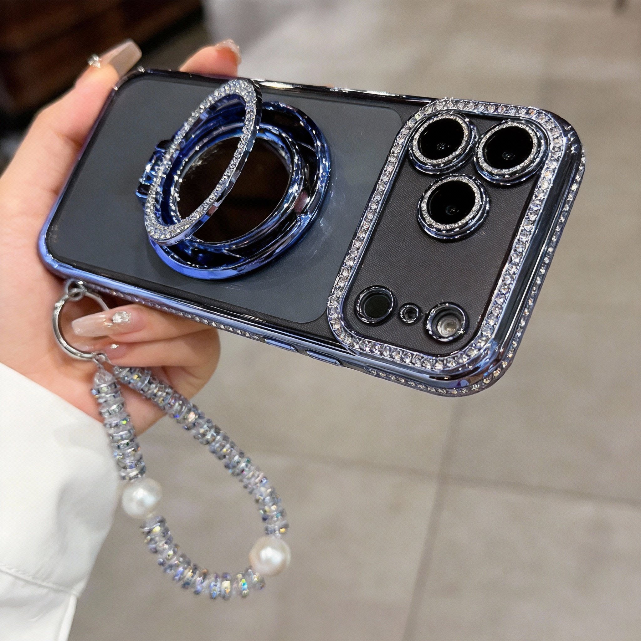 Sparkling Diamond Women's Phone Case with Mirror & Stand for iPhone 12/13/14/15/16/17 Pro Max,17Air,14/15/16 Plus