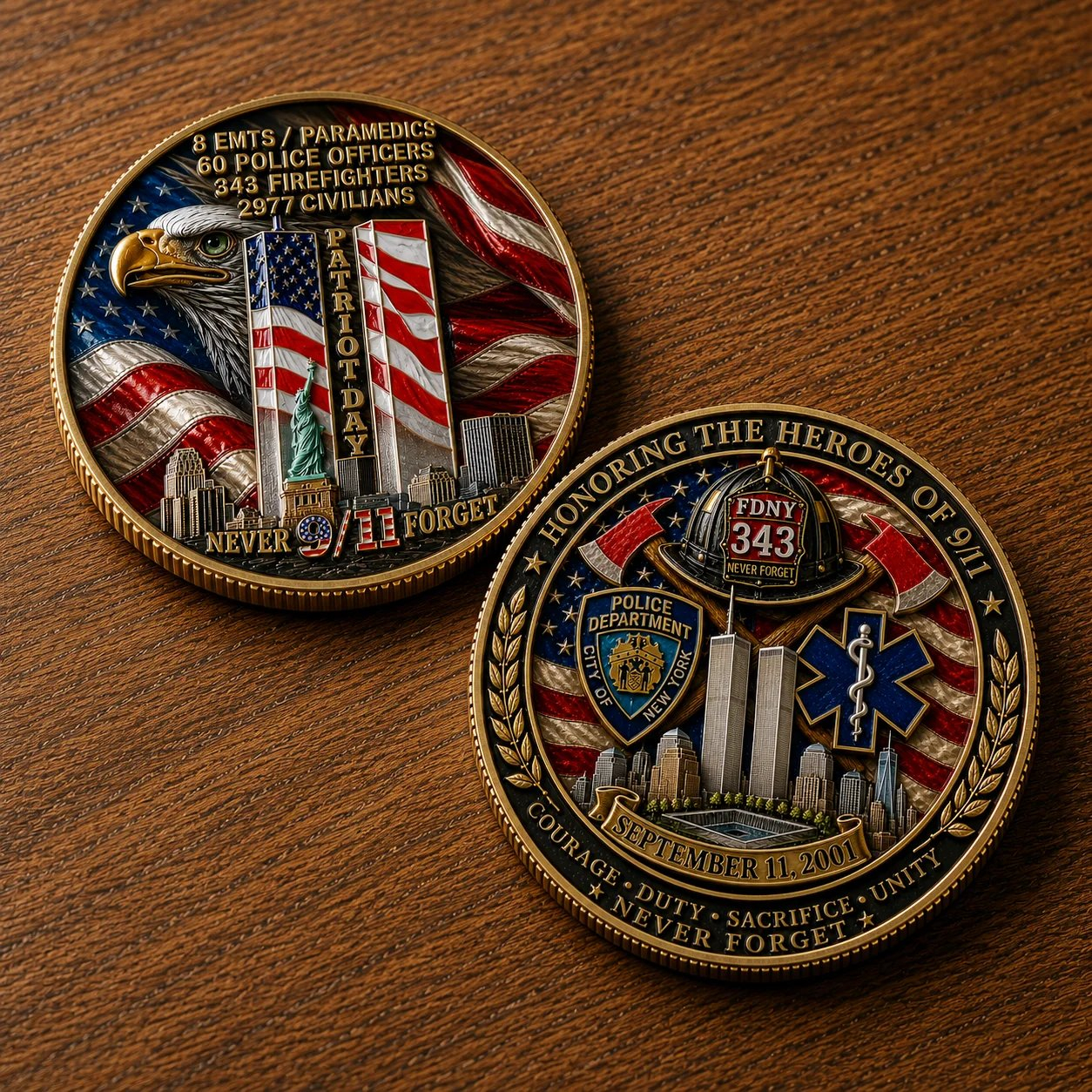 🎖️9/11 Never Forget Challenge Coin – Honor First Responders & Fallen Heroes