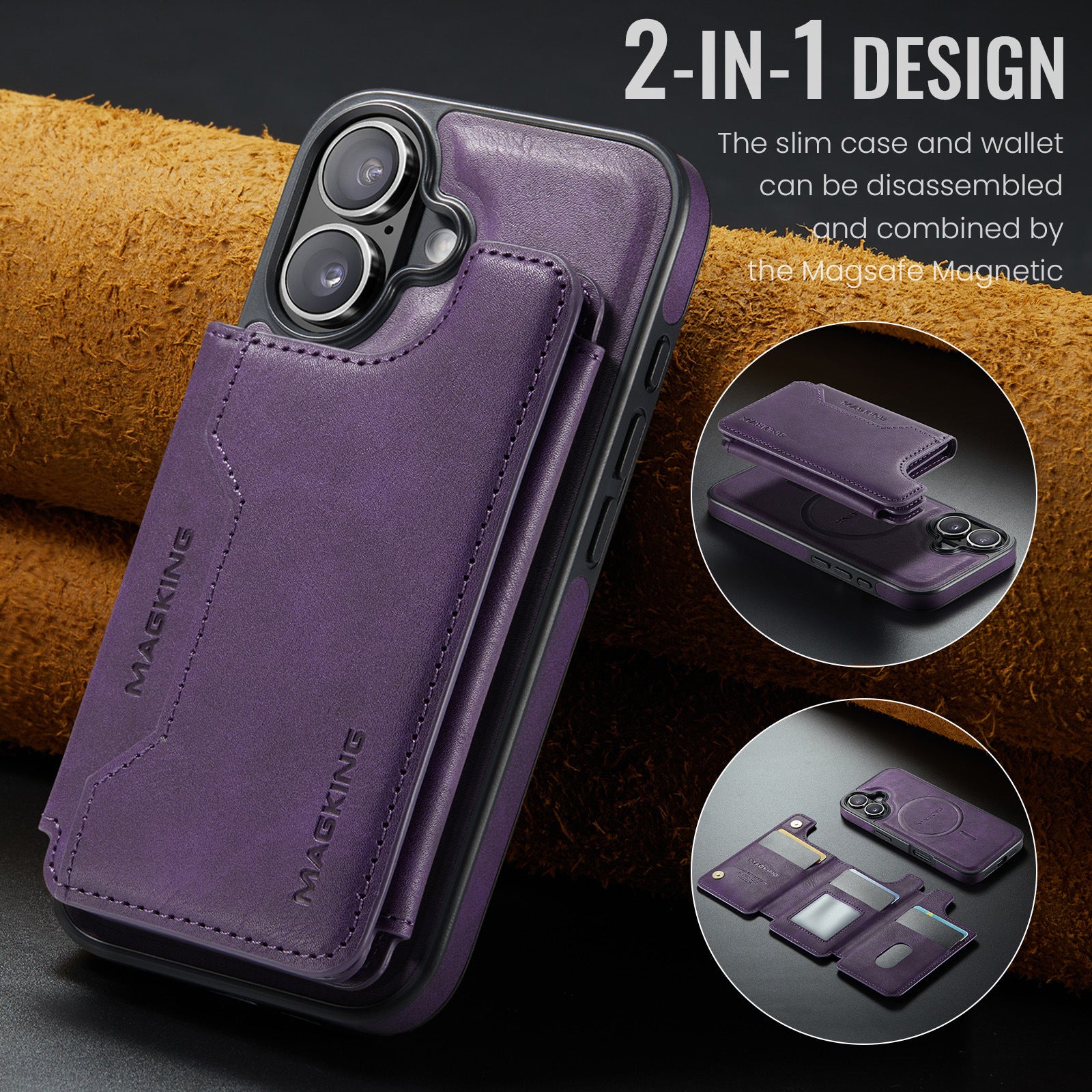2 in 1 Magnetic Leather Wallet Case for iPhone