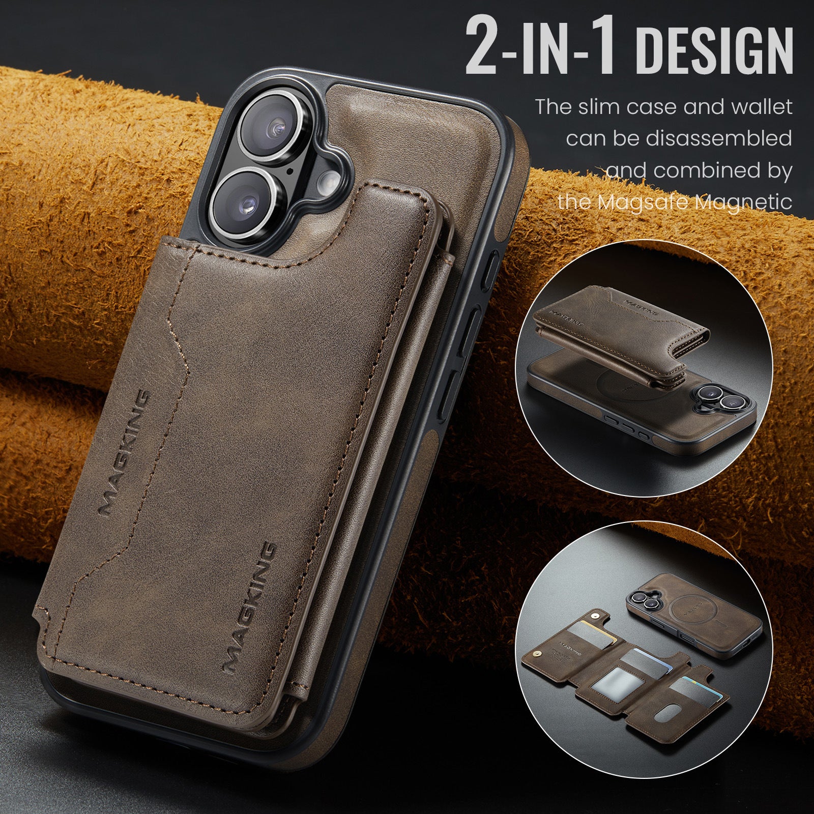 2 in 1 Magnetic Leather Wallet Case for iPhone