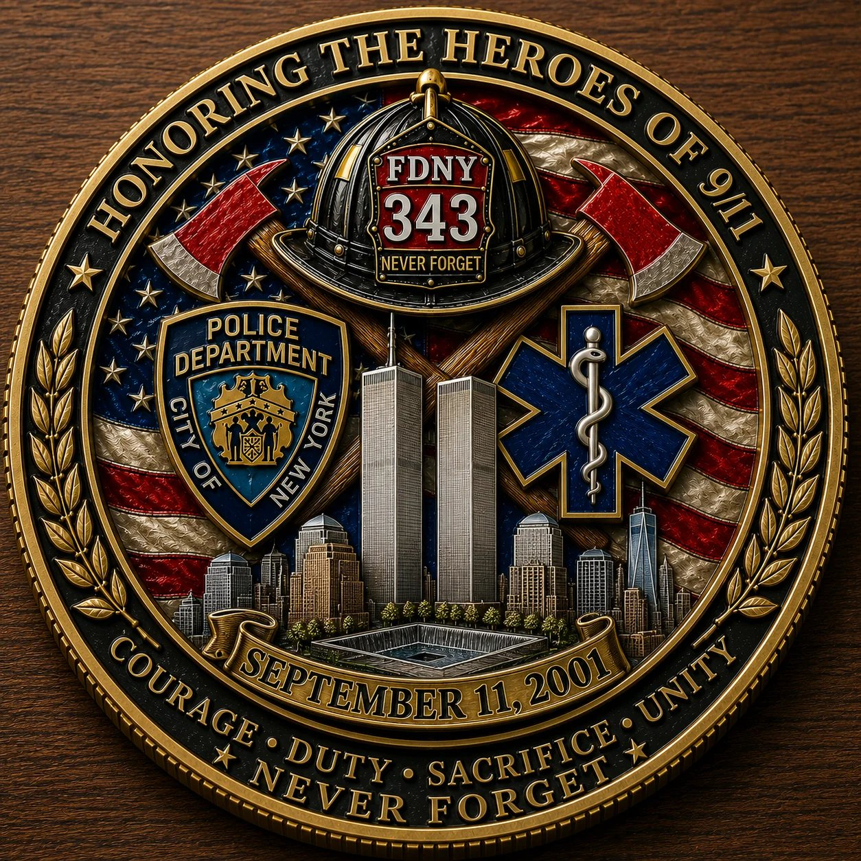 🎖️9/11 Never Forget Challenge Coin – Honor First Responders & Fallen Heroes