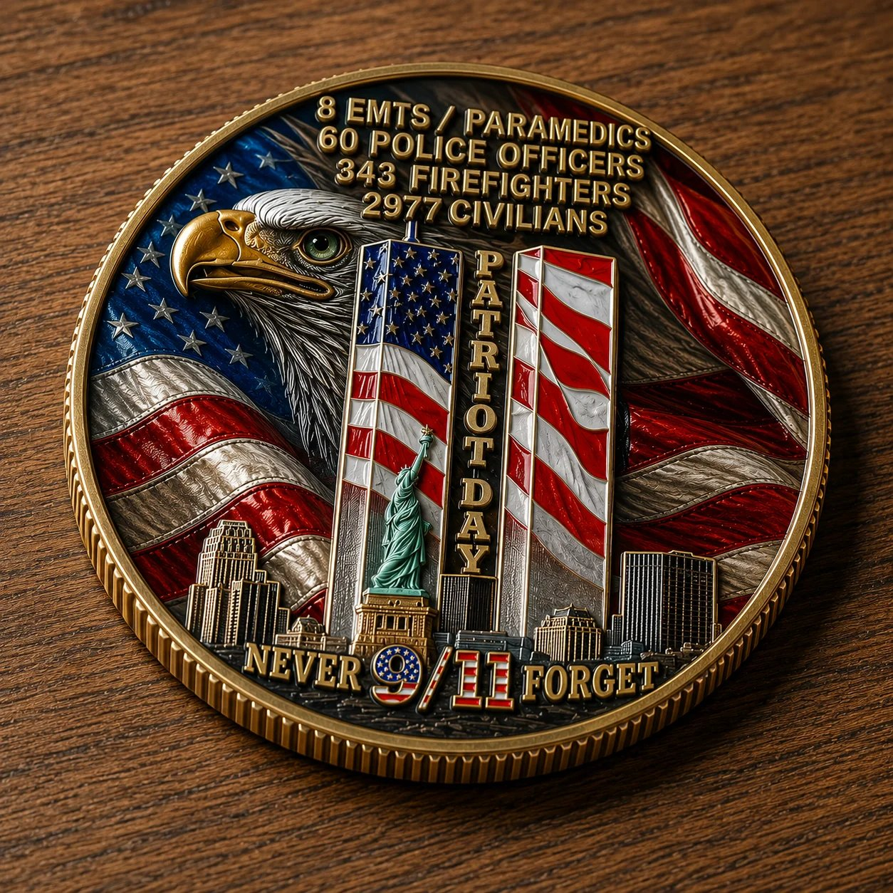 🎖️9/11 Never Forget Challenge Coin – Honor First Responders & Fallen Heroes