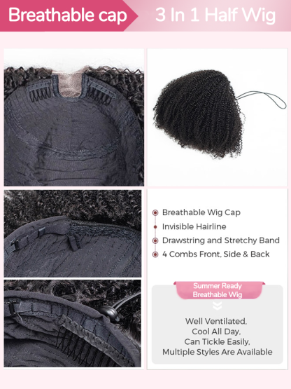 Red Hot Breathable Cap 3 In 1 Half Wig