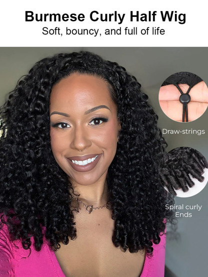 Zara Burmese Curly Half Wig With Drawstring Seamless 250% Density Glueless Flip-Over Half Wig Human Hair for Beginners