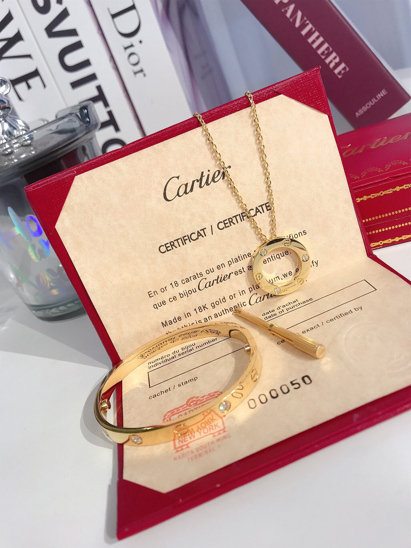 LOVE BRACELET, 4 DIAMONDS + LOVE NECKLACE, 3 DIAMONDS