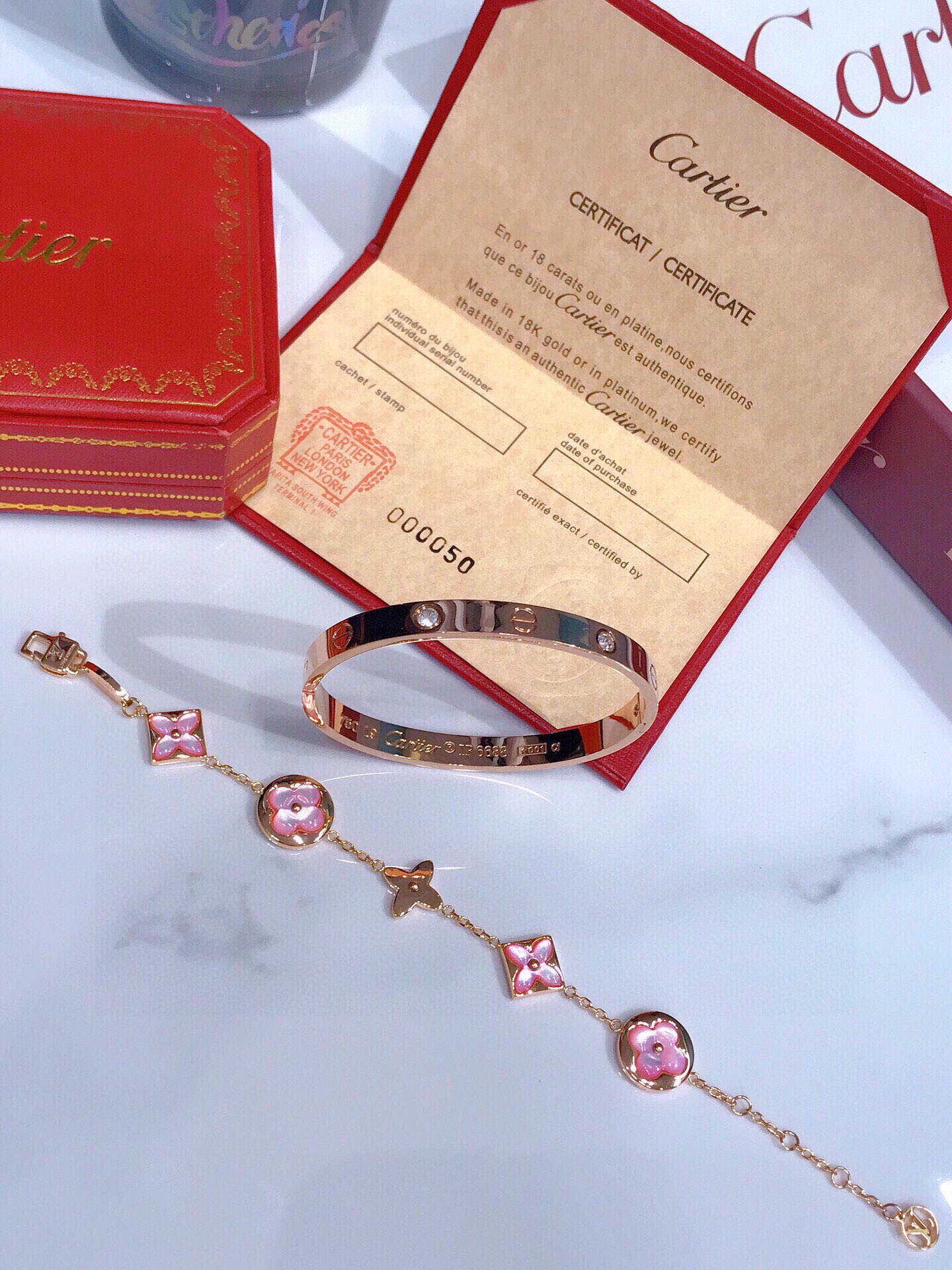 LOVE BRACELET, 4 DIAMONDS + COLOR BLOSSOM BB MULTI-MOTIFS BRACELET, PINK GOLD