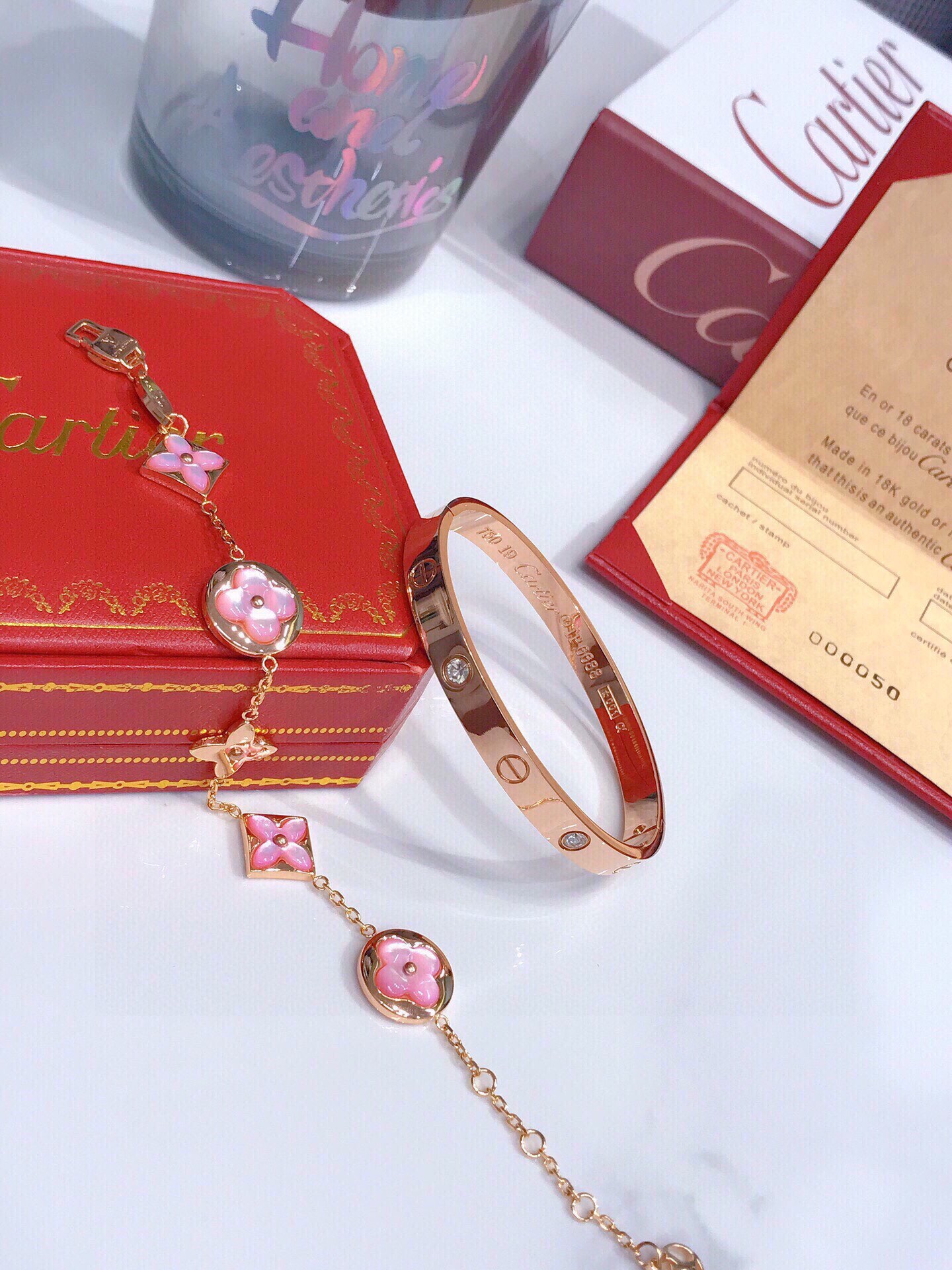 LOVE BRACELET, 4 DIAMONDS + COLOR BLOSSOM BB MULTI-MOTIFS BRACELET, PINK GOLD