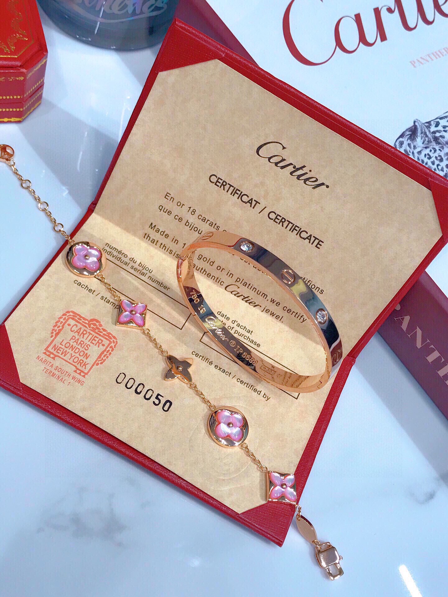 LOVE BRACELET, 4 DIAMONDS + COLOR BLOSSOM BB MULTI-MOTIFS BRACELET, PINK GOLD