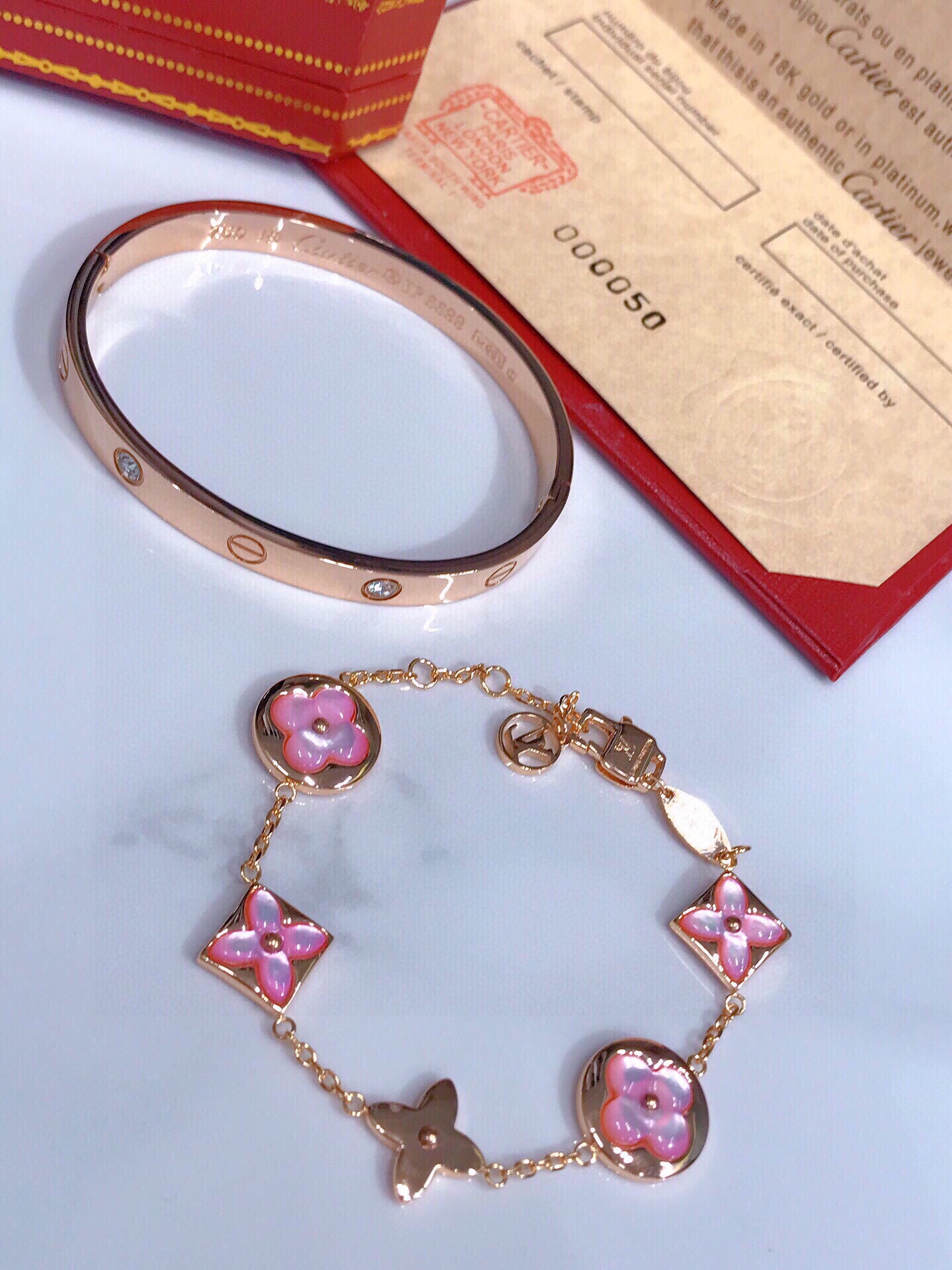 LOVE BRACELET, 4 DIAMONDS + COLOR BLOSSOM BB MULTI-MOTIFS BRACELET, PINK GOLD