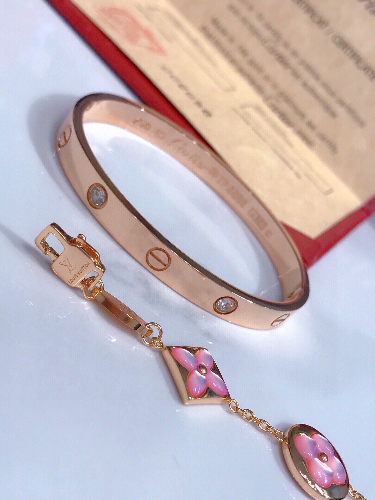 LOVE BRACELET, 4 DIAMONDS + COLOR BLOSSOM BB MULTI-MOTIFS BRACELET, PINK GOLD