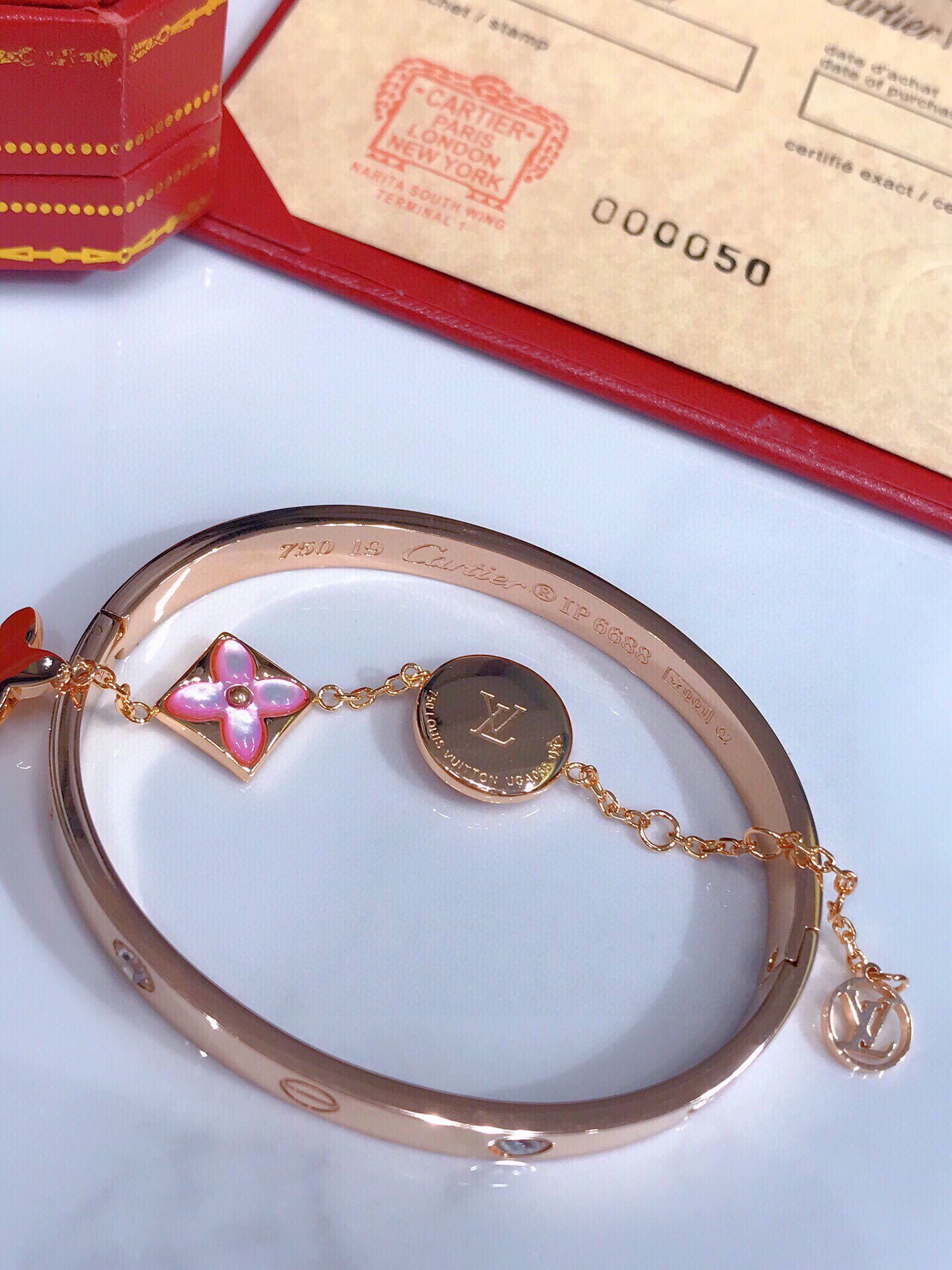 LOVE BRACELET, 4 DIAMONDS + COLOR BLOSSOM BB MULTI-MOTIFS BRACELET, PINK GOLD