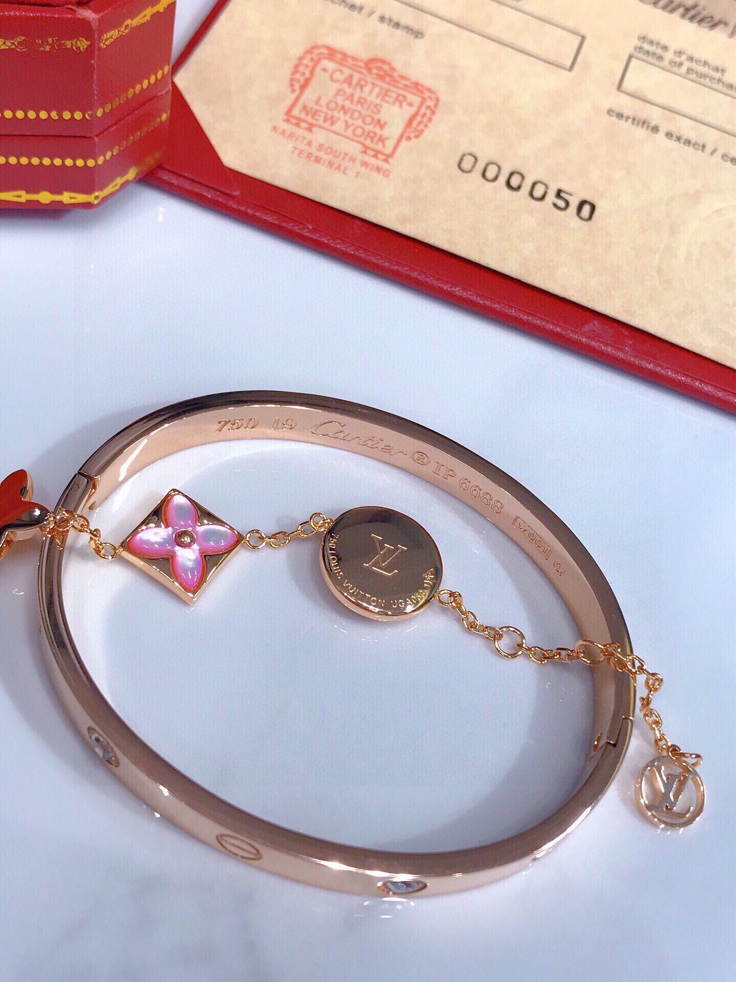 LOVE BRACELET, 4 DIAMONDS + COLOR BLOSSOM BB MULTI-MOTIFS BRACELET, PINK GOLD