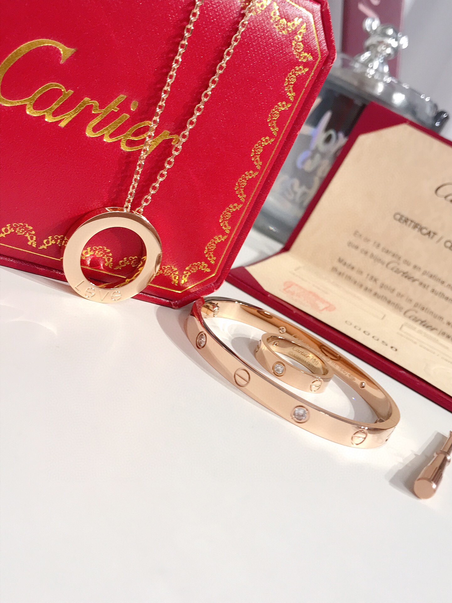 LOVE BRACELET, 4 DIAMONDS + LOVE RING, 3 DIAMONDS + LOVE NECKLACE, 3 DIAMONDS