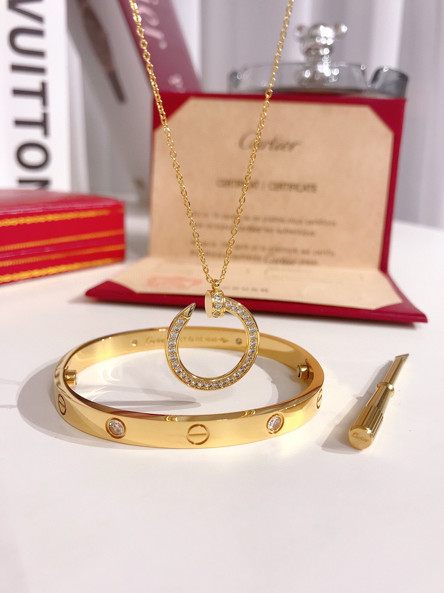 LOVE BRACELET, 4 DIAMONDS + JUSTE UN CLOU NECKLACE