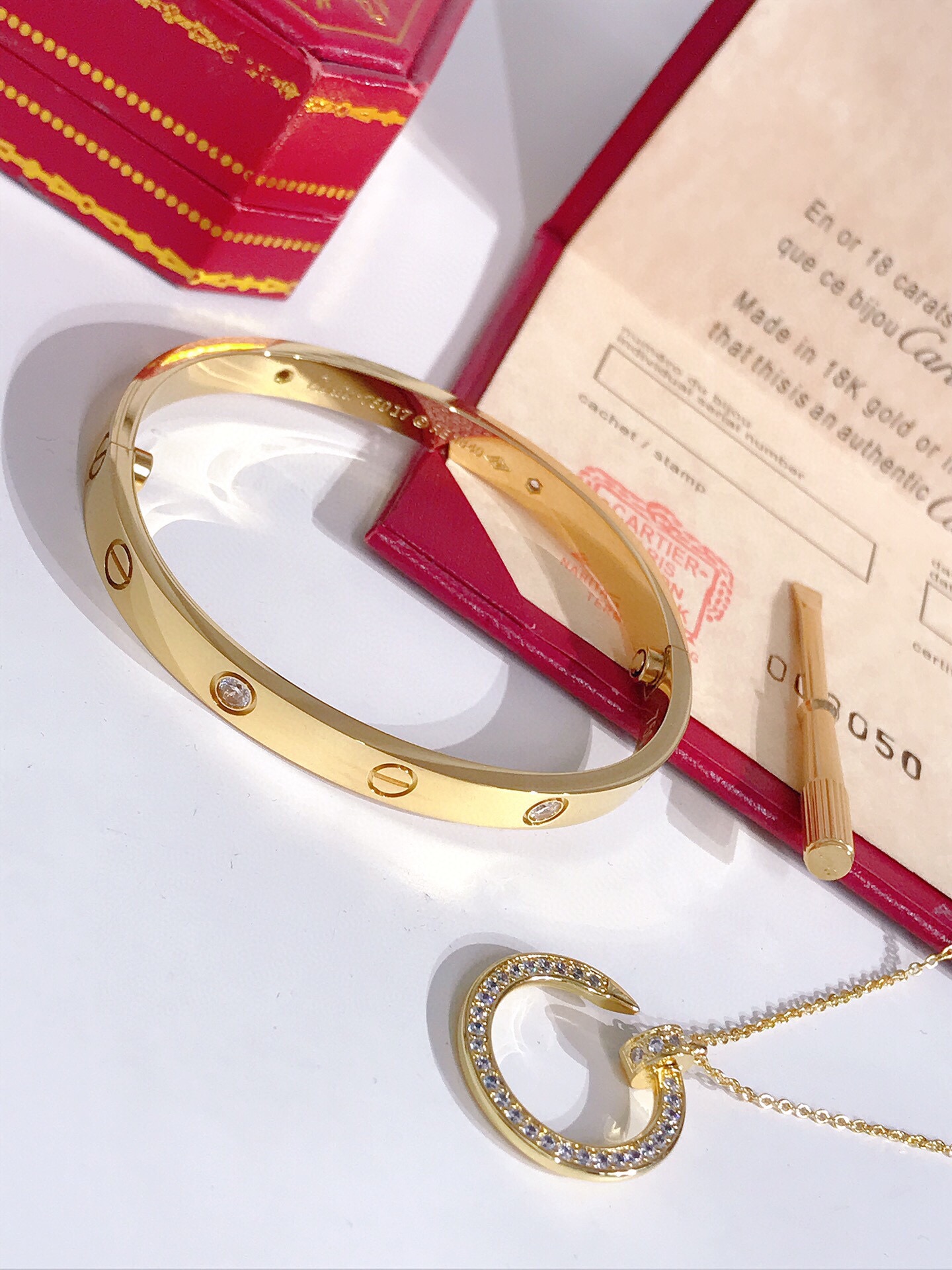 LOVE BRACELET, 4 DIAMONDS + JUSTE UN CLOU NECKLACE