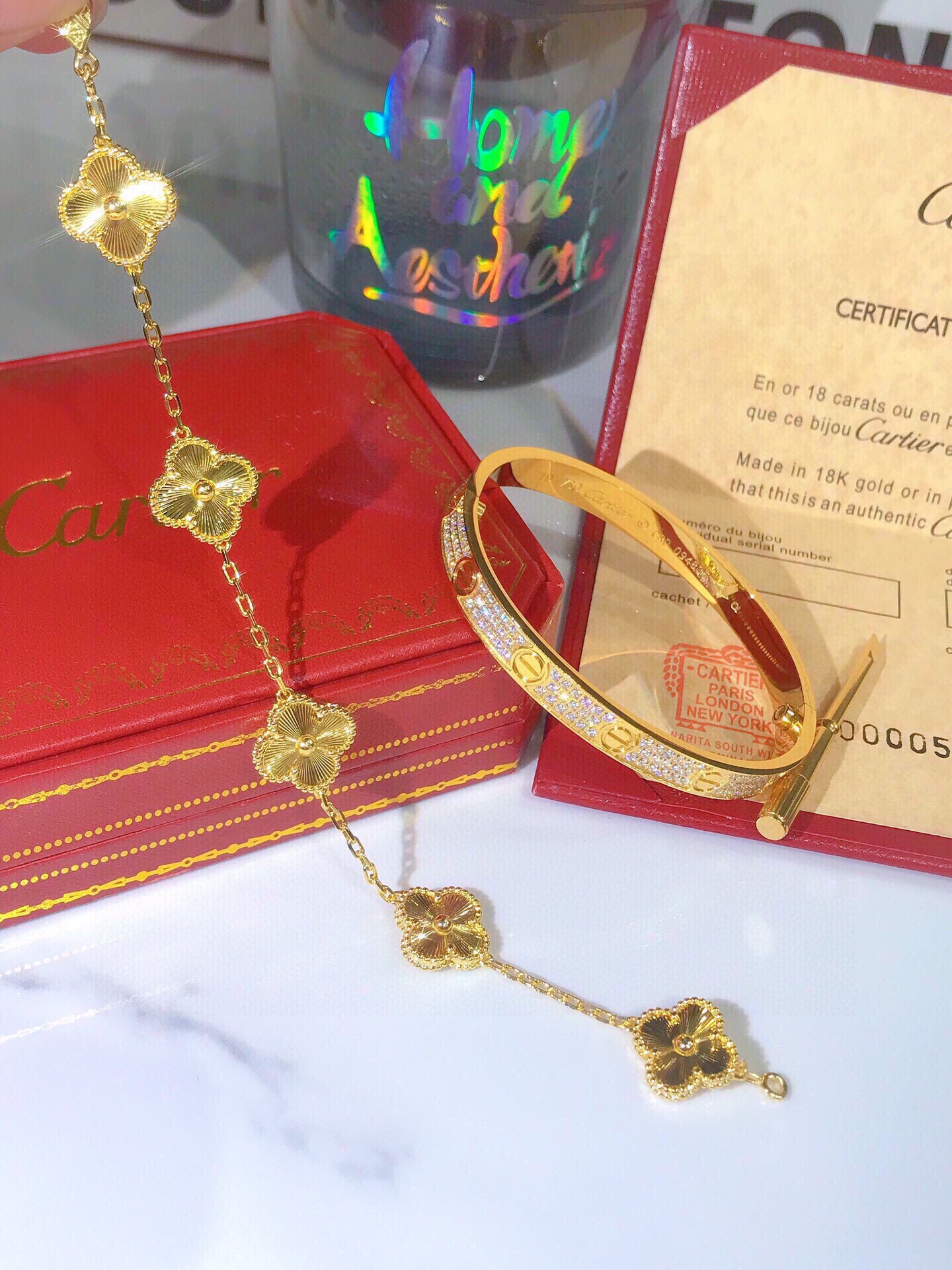 LOVE BRACELET, DIAMOND-PAVED + Vintage Alhambra bracelet, 5 motifs