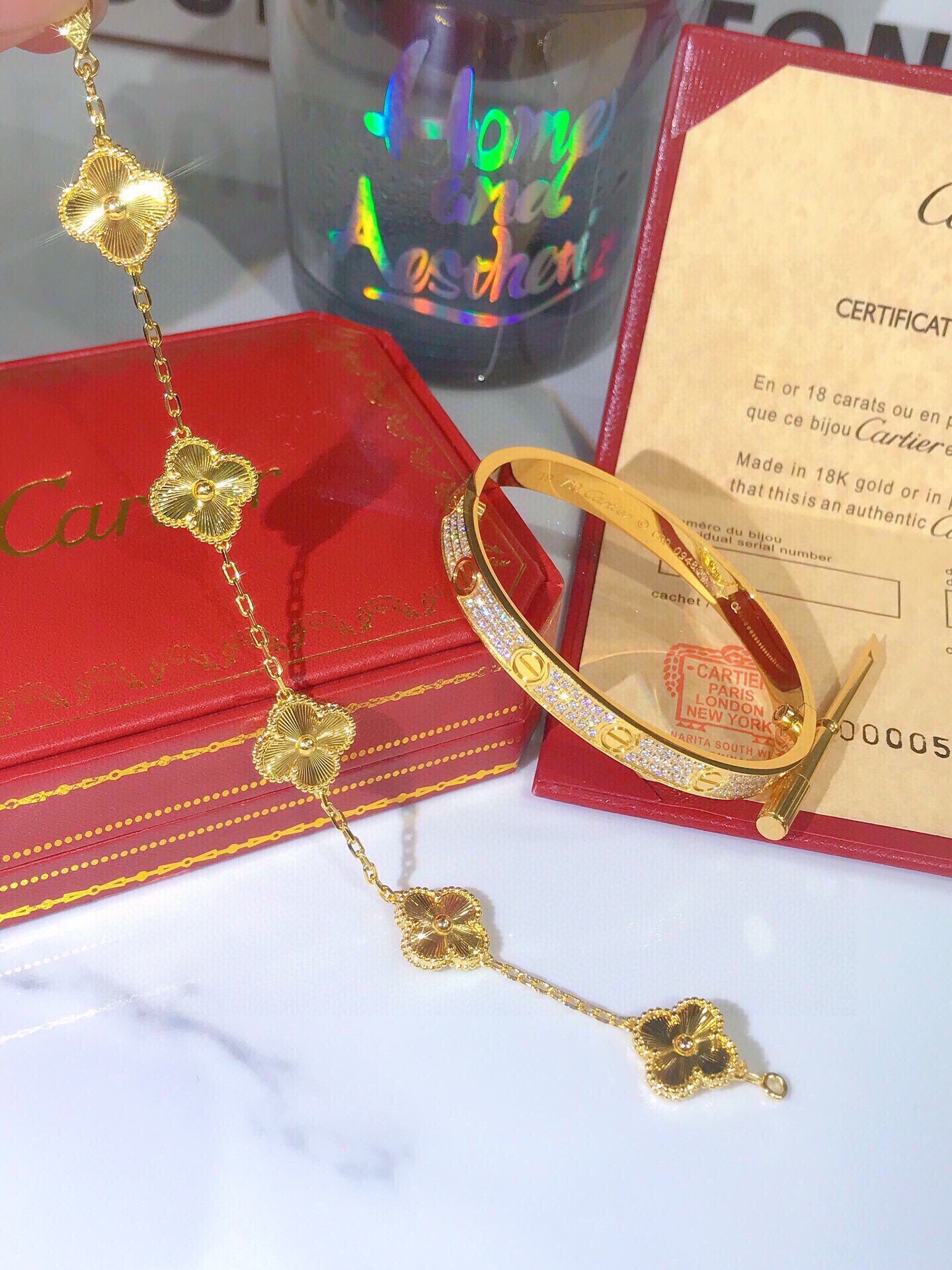 LOVE BRACELET, DIAMOND-PAVED + Vintage Alhambra bracelet, 5 motifs