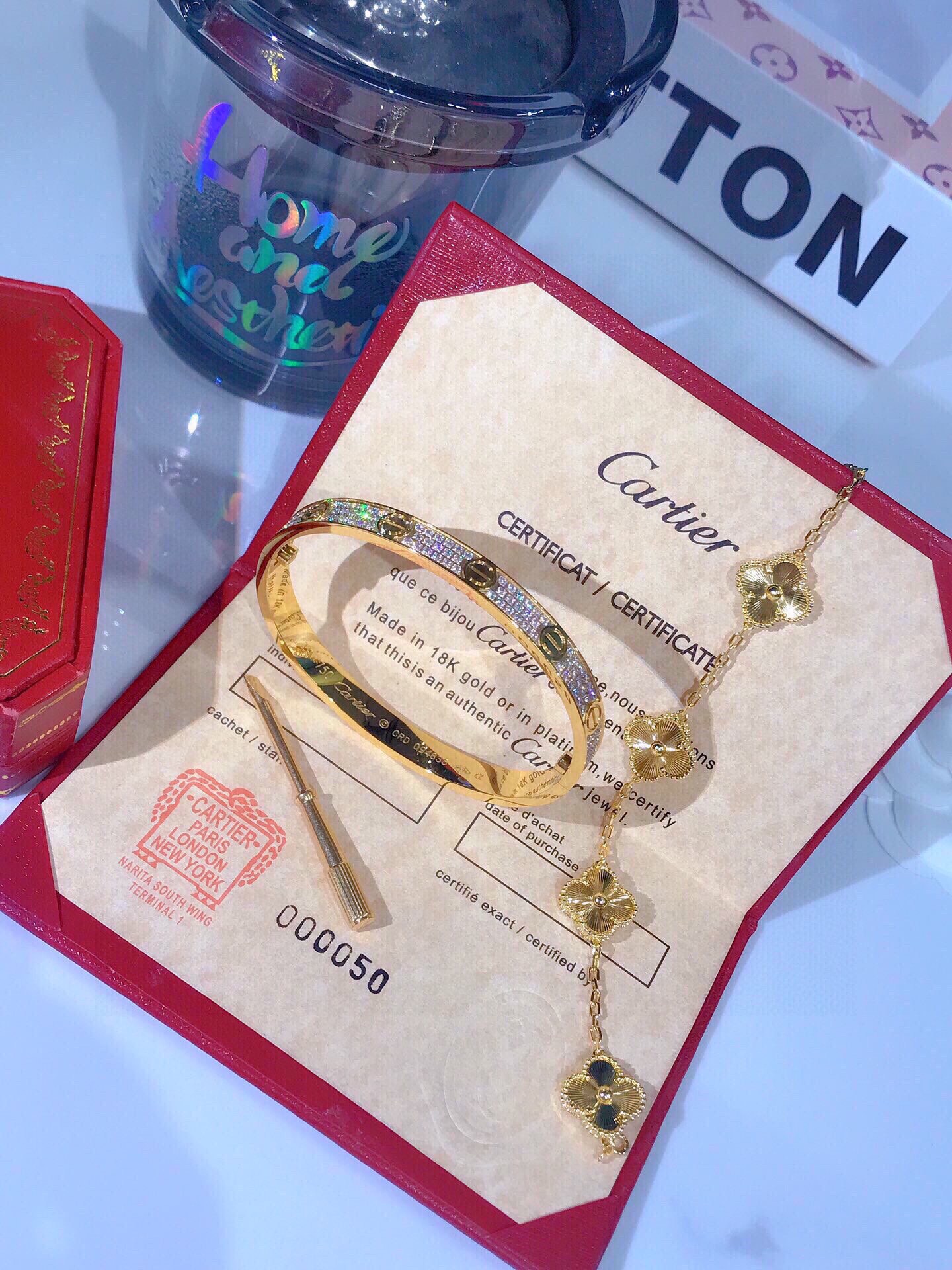 LOVE BRACELET, DIAMOND-PAVED + Vintage Alhambra bracelet, 5 motifs
