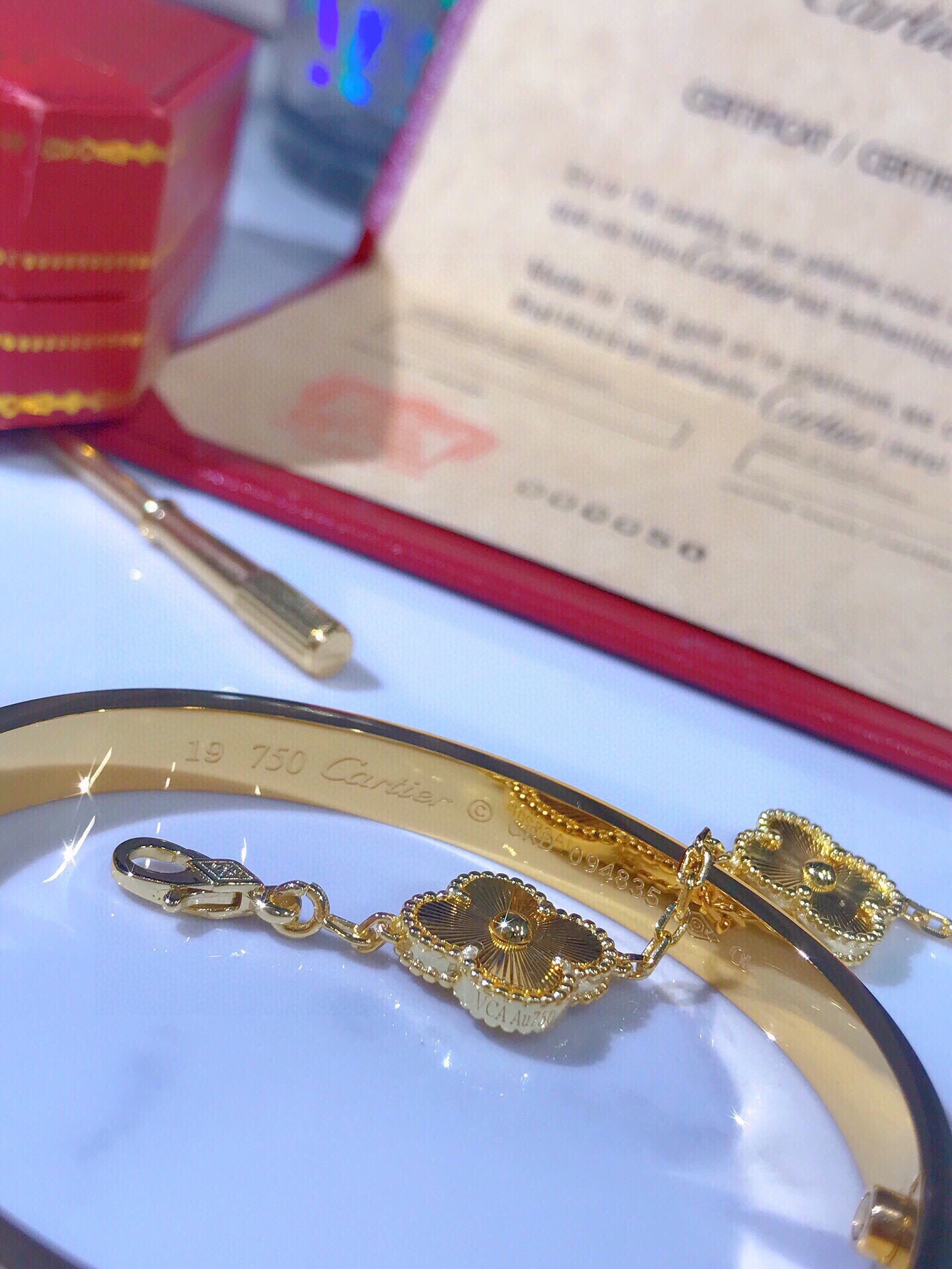 LOVE BRACELET, DIAMOND-PAVED + Vintage Alhambra bracelet, 5 motifs