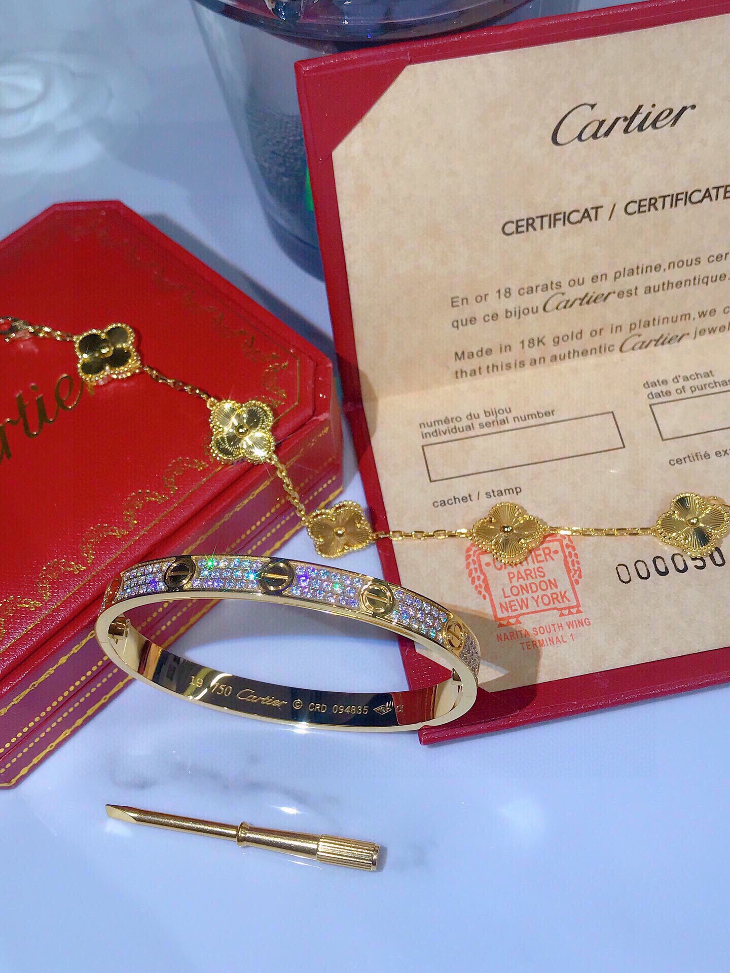 LOVE BRACELET, DIAMOND-PAVED + Vintage Alhambra bracelet, 5 motifs