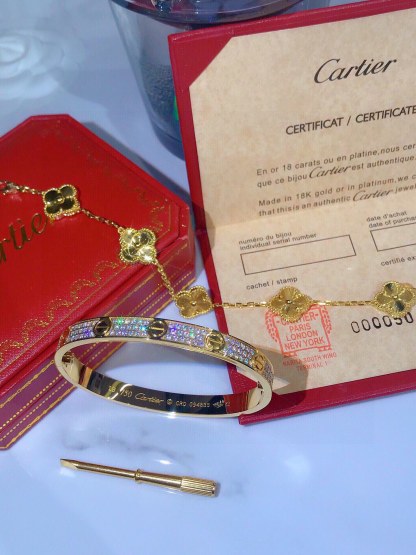 LOVE BRACELET, DIAMOND-PAVED + Vintage Alhambra bracelet, 5 motifs