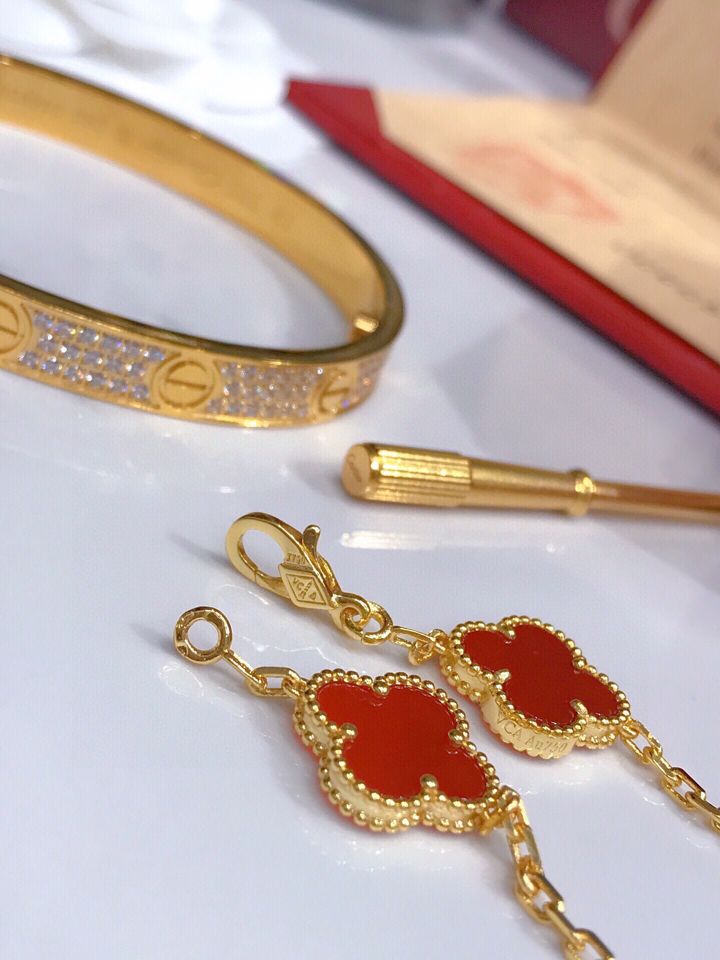 LOVE BRACELET, DIAMOND-PAVED + Vintage Alhambra bracelet, 5 motifs
