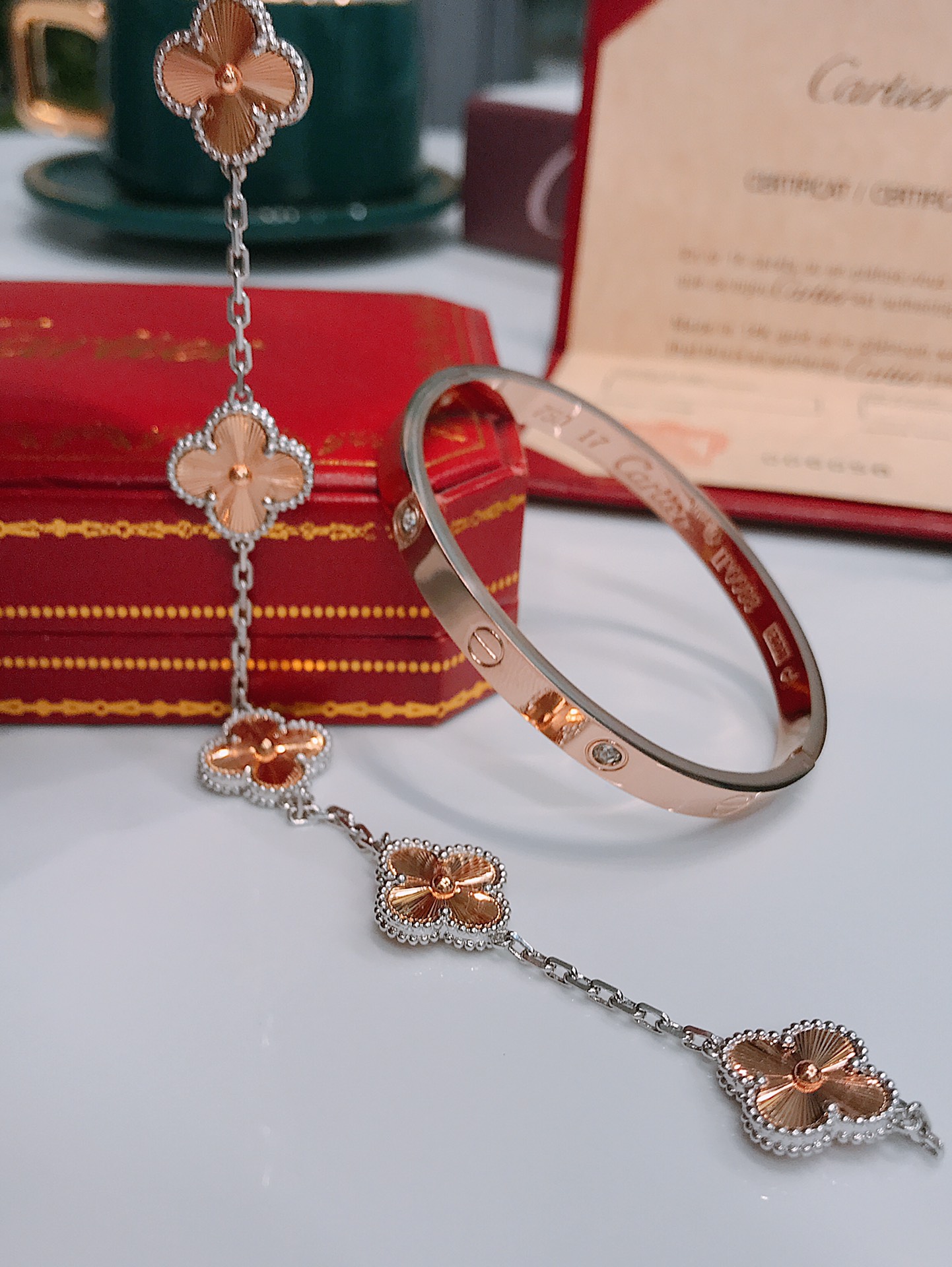 LOVE BRACELET, 4 DIAMONDS + Vintage Alhambra bracelet, 5 motifs