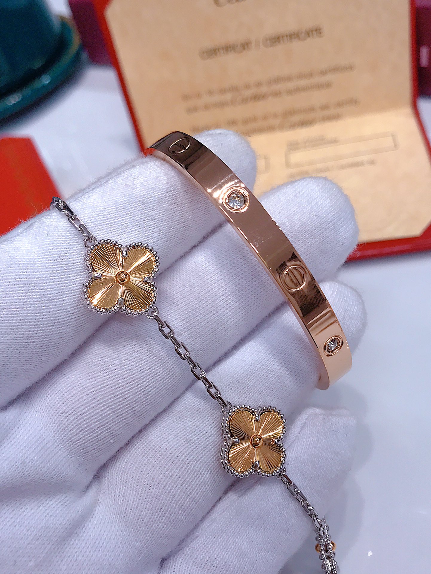 LOVE BRACELET, 4 DIAMONDS + Vintage Alhambra bracelet, 5 motifs