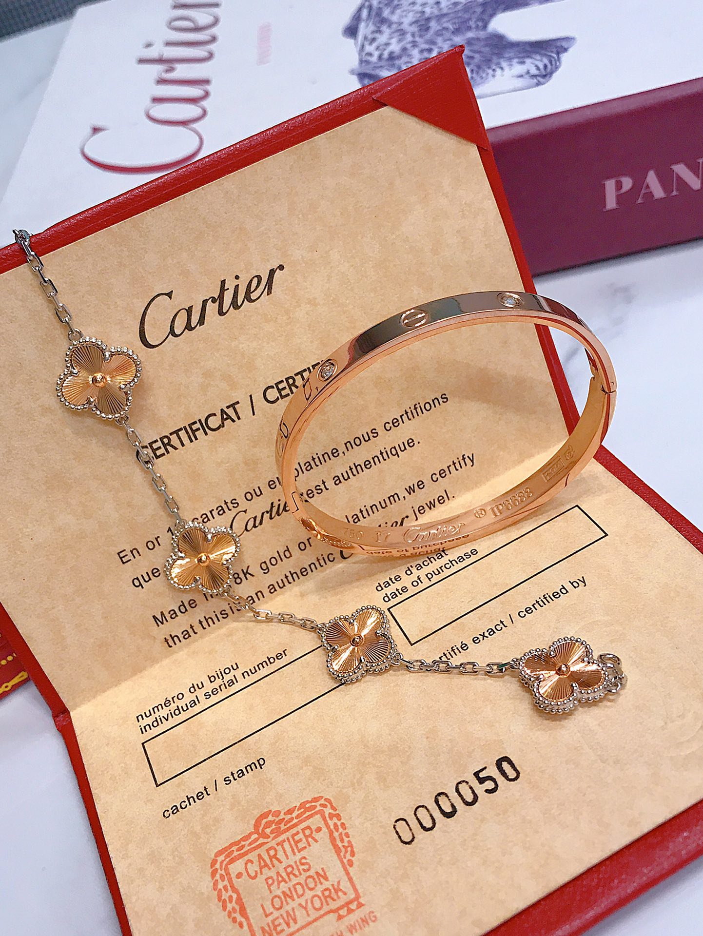 LOVE BRACELET, 4 DIAMONDS + Vintage Alhambra bracelet, 5 motifs