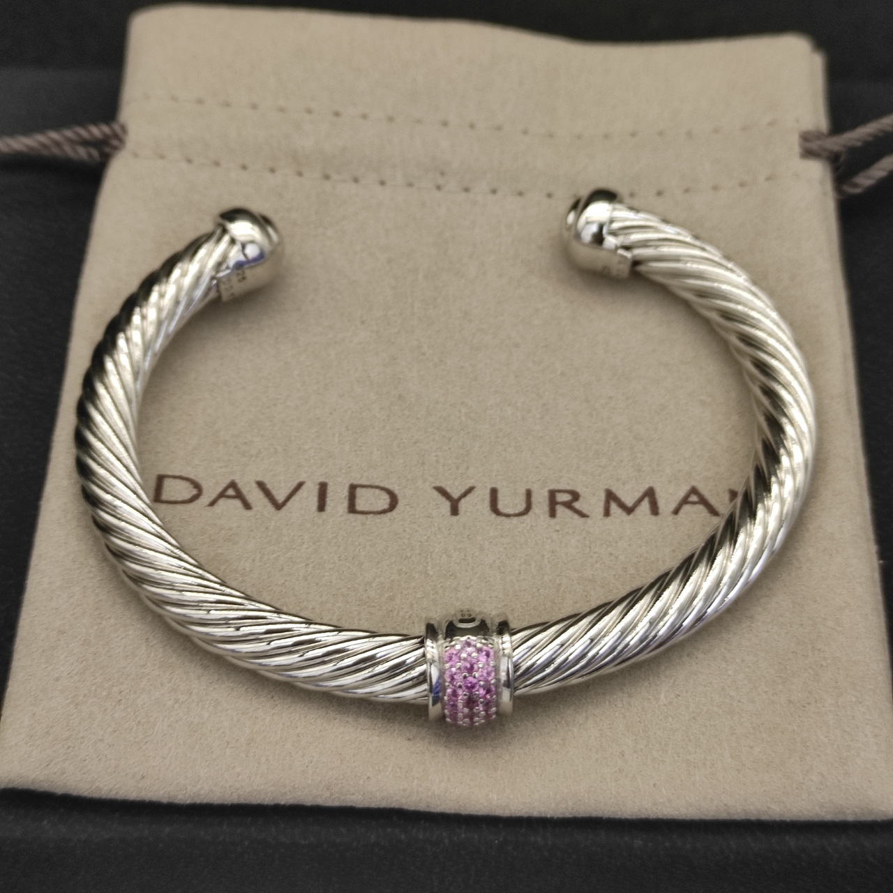 Classic Cable Station Bracelet Sterling Silver with Pave Diamonds, 7mm