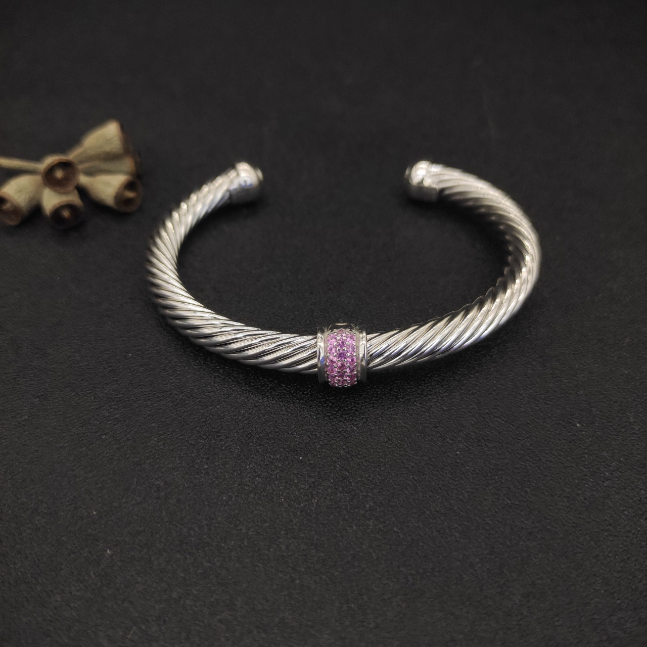 Classic Cable Station Bracelet Sterling Silver with Pave Diamonds, 7mm