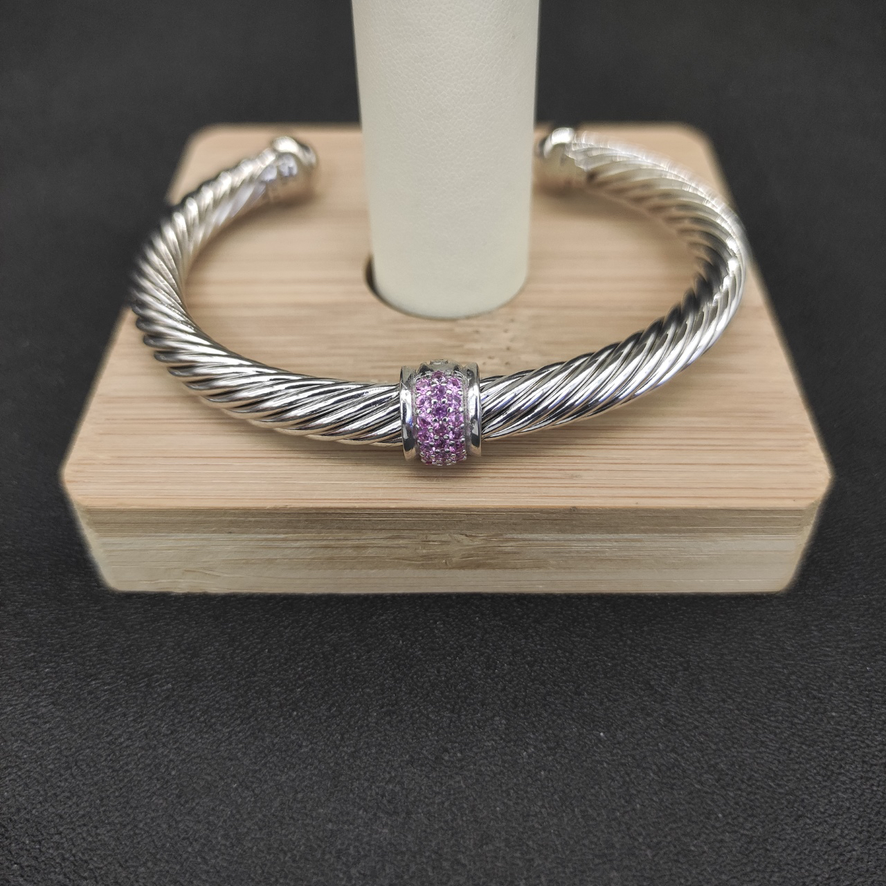 Classic Cable Station Bracelet Sterling Silver with Pave Diamonds, 7mm