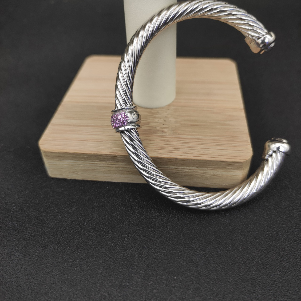 Classic Cable Station Bracelet Sterling Silver with Pave Diamonds, 7mm