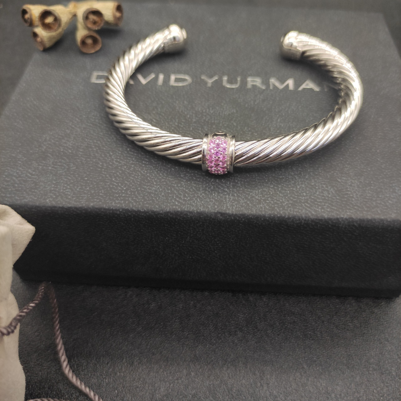 Classic Cable Station Bracelet Sterling Silver with Pave Diamonds, 7mm