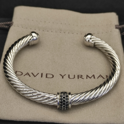 Classic Cable Station Bracelet Sterling Silver with Pave Diamonds, 7mm