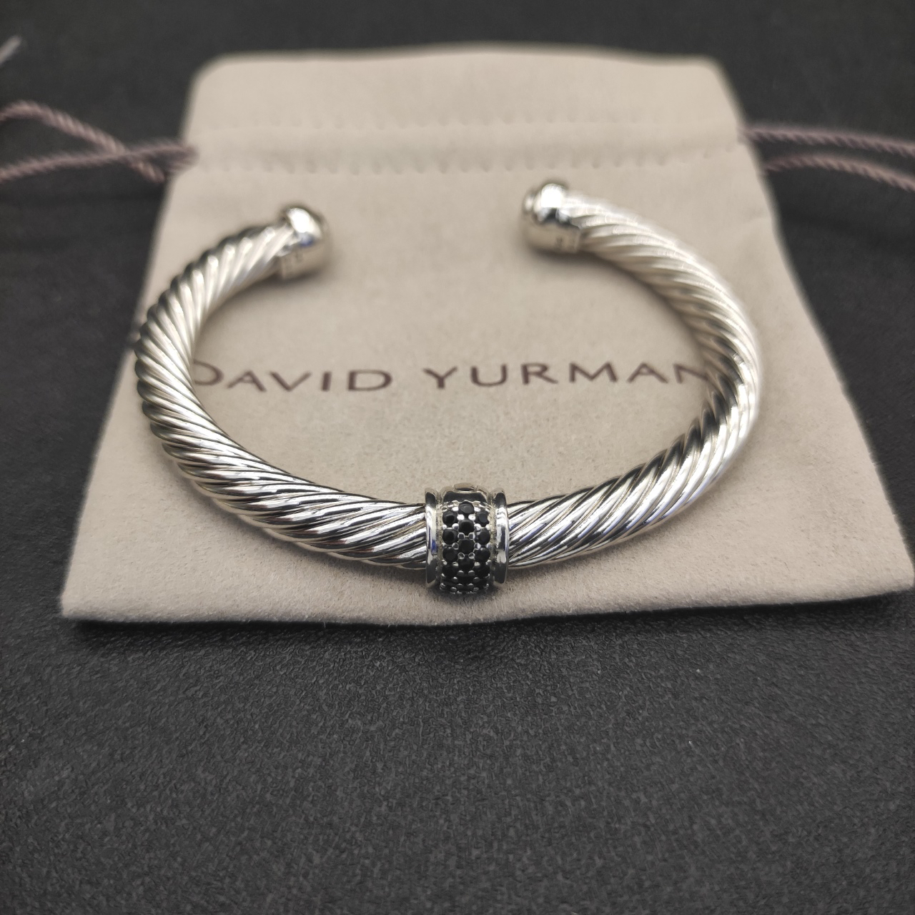 Classic Cable Station Bracelet Sterling Silver with Pave Diamonds, 7mm