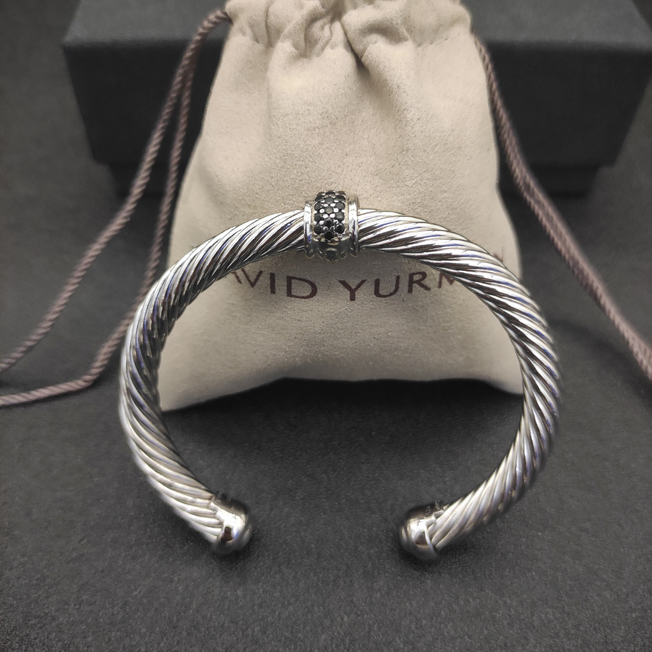 Classic Cable Station Bracelet Sterling Silver with Pave Diamonds, 7mm