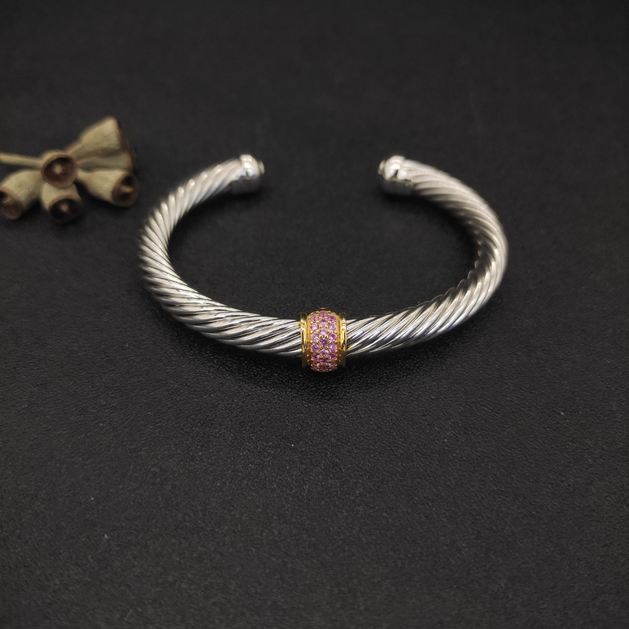 Classic Cable Station Bracelet Sterling Silver with 18K Yellow Gold and Pave Diamonds, 7mm
