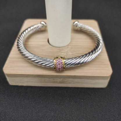 Classic Cable Station Bracelet Sterling Silver with 18K Yellow Gold and Pave Diamonds, 7mm
