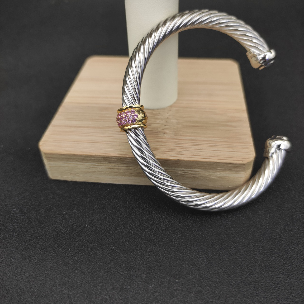 Classic Cable Station Bracelet Sterling Silver with 18K Yellow Gold and Pave Diamonds, 7mm