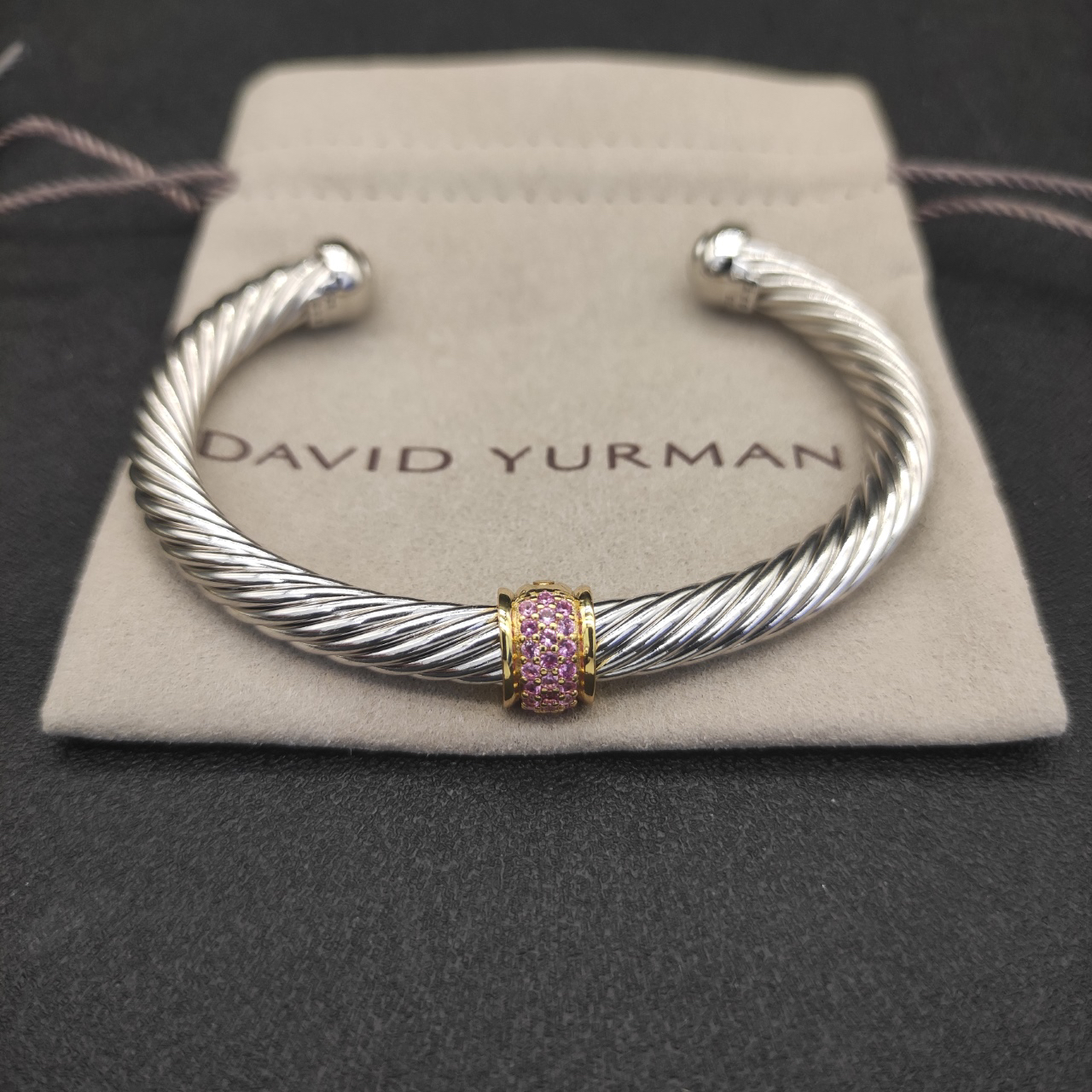 Classic Cable Station Bracelet Sterling Silver with 18K Yellow Gold and Pave Diamonds, 7mm