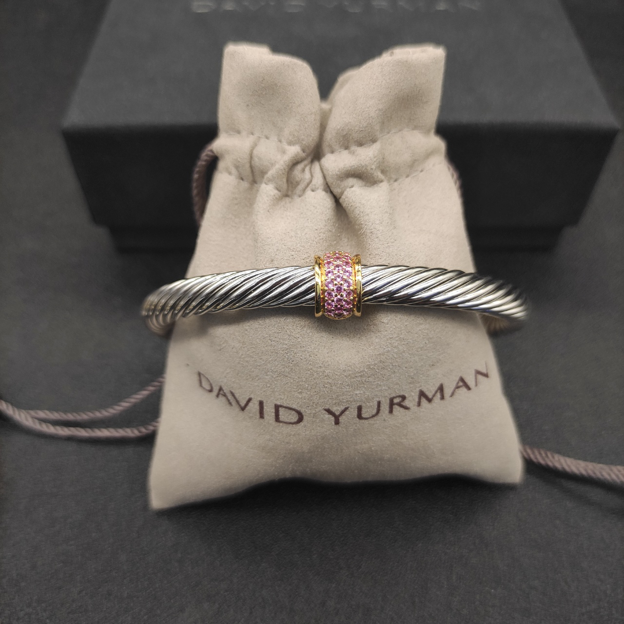 Classic Cable Station Bracelet Sterling Silver with 18K Yellow Gold and Pave Diamonds, 7mm