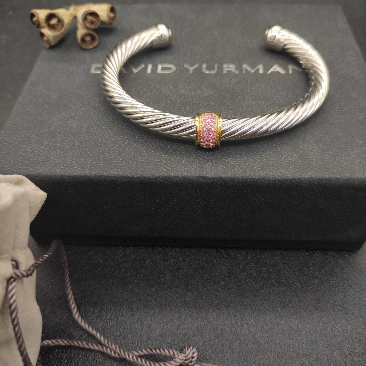 Classic Cable Station Bracelet Sterling Silver with 18K Yellow Gold and Pave Diamonds, 7mm