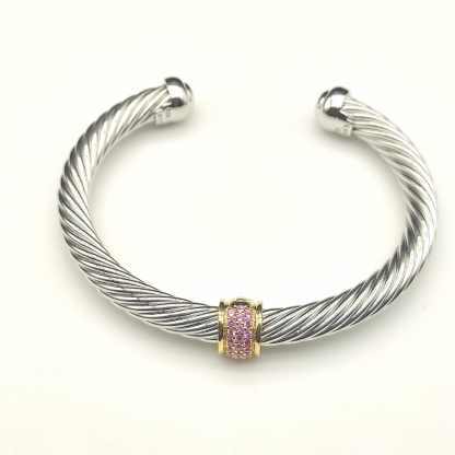 Classic Cable Station Bracelet Sterling Silver with 18K Yellow Gold and Pave Diamonds, 7mm